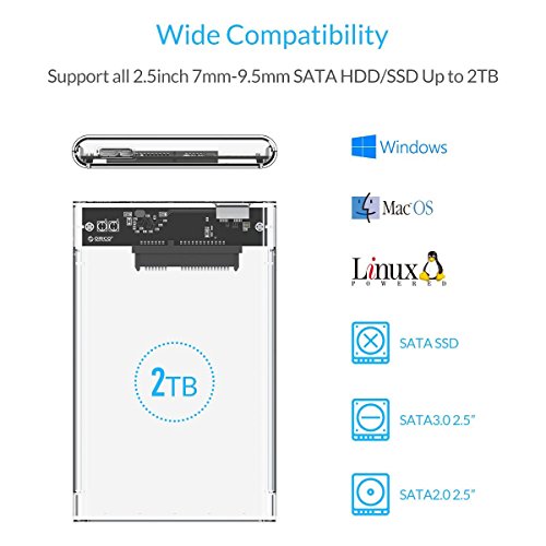 ORICO 2,5″ Externes Festplattengehäuse, USB 3.0 auf SATA III 6 Gb/s, für 7mm und 9,5 mm 2,5-Zoll SATA Notebook Interne HDD und SSD, Werkzeugfreie Montage, UASP Beschleunigung (Transparent) - 5