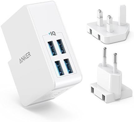 USB Charger Anker 27W 4-Port USB Wall Charger PowerPort 4 Lite with Interchangeable UK and EU Plugs for iPhone X / iPhone 8 / iPhone 8 Plus / iPhone 7 / 6 / 6 Plus / 7 Plus, Galaxy S8, iPad Air 2 / mini 3, Galaxy Note 3 and More