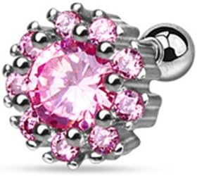 Blackama Cement Cartilage Tragus Barbell Pink Flower Blossom Body Piercing. 316L stainless steel cubic zirconia CZ Silver Stud Earrings Women