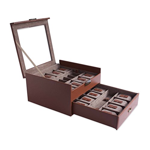 CORDAYS - Estuche Relojero para 16 Relojes con Vitrina de Cristal Joyero Relojero Hombre -Hecho a Mano en Piel Sintética- en Color Marrón CDM-00024