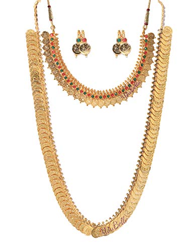 YouBella Jewellery Traditional Temple Coin Combo of Laxmi Coin Red Green Necklace Set/Jewellery Set with Earrings for Girls and Women