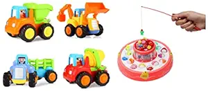 Popsugar Happy Engineering Vehicles Including Tractor / Bulldozer / Dumper / Cement Mixer & Popsugar Fishing Game Set, Pink Combo