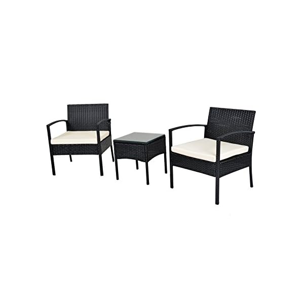 EBS 3 Piece Rattan Wicker Patio Garden Lawn Furniture Outdoor / Indoor Complete Set with Coffee Table + Chairs Set for 2 - Black PE
