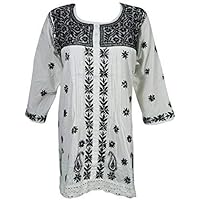 Mogul Ladies Indian Tunic White Chikan Embroidered Bohemian Top Blouse Shirt