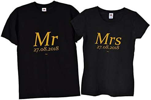 TrendySnog Tees Personalised Mr Mrs Bride &amp; Groom Cute Couples Wedding Day T-Shirts 039 - Premium Black &amp; Gold Colour - Fast Shipping - High Quality FOTL Garments - S M L XL XXL (Mens - Large, Womens - Small)