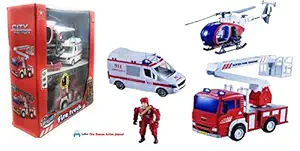 FunBlast City Action Fire Rescue Play Set - Set of Fire Rescue Truck, Fire Squad Helicopter, Ambulance & Fire Man | Pretended Play Boys Girls Kids.