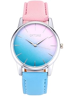 JSDDE Uhren,Fashion Cute Candy Farbe Damen Armbanduhr Pink-Blau Farbverlauf Kleid Uhr PU Lederband Analog Quarz...