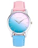 JSDDE Uhren,Fashion Cute Candy Farbe Damen Armbanduhr Pink-Blau Farbverlauf Kleid Uhr PU Lederband Analog Quarz Uhr