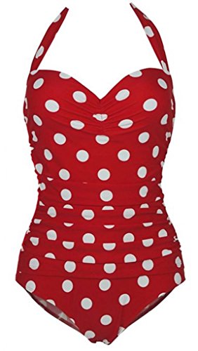 50s Retro Vintage Flora Print White Polka One Piece Swimwear Monokinis Medium Red