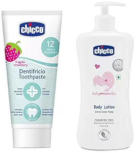 Chicco Toothpaste, Strawberry Flavour For 12M+ Baby, Fluoride Free, Preservative Free (50 Ml)&Baby Moments Body Lotion For Deep Nourishment, Dermatologically Tested, Paraben And Mineral O