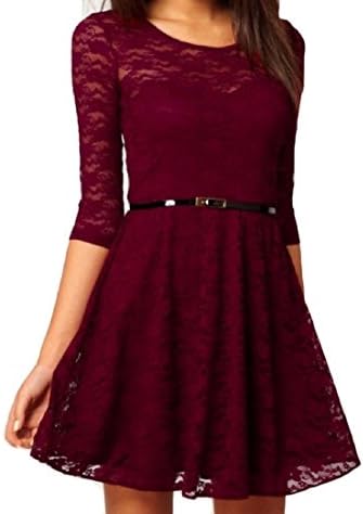 Witkeyseller Women Lace Pure Color With Belt Pleated Elegant Evening Dresses Wine Red M