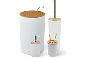 Biberty Set Accesorios de baño Blanco y Bambú | Incluye Papelera baño 5L, escobilla baño, dispensador de jabón y portacepillos. Kit de Accesorios para baño sin Taladro, Juego de 5 Piezas de baño