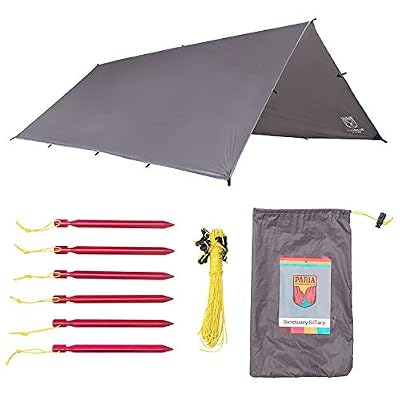 Paria Produits de Terrain Extérieur Bâche SilTarp - Ultra-Léger et Imperméable Abri Anti-Pluie Ripstop Haubans et Kit de Poteaux Parfaite pour Hamac et Camping (366 x 305 cm - Coupe à Plat)