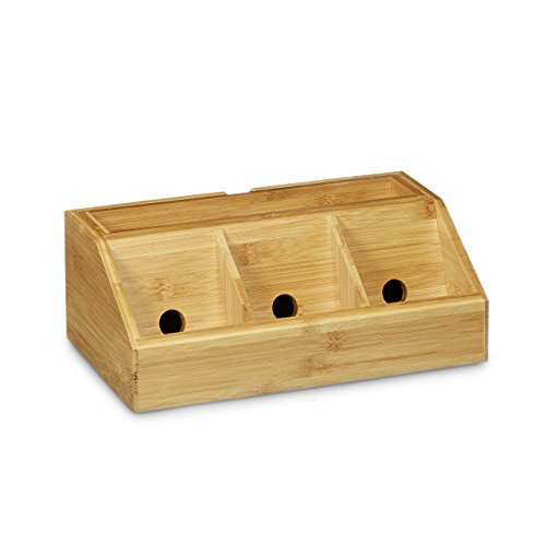 Relaxdays Schreibtisch-Organizer aus Bambus H x B x T: ca. 11 x 30 x 17,5 cm inklusive Handyhalter auch als Ladestation Aufbewahrungsbox für den Schreibtisch Organizer im Büro mit 5 Fächern, natur - 3