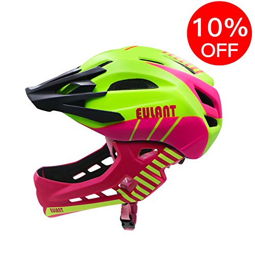 ONT Casco da Bicicletta per Bambini con Staccabile Mentoniere Leggero Casco Integrale Confortevole Casco Kids Downhill con Visiera Staccabile Verde/S