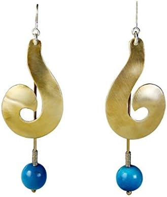 Handmade blue bead gold tone spiral design long drop wide women earrings