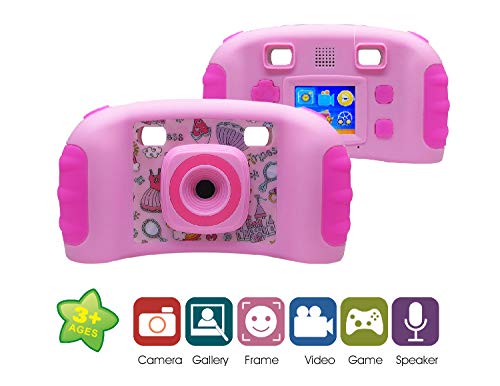 SEWOBYE Kids Selfie Camera, Real 1.3 Megapixel Camera with 4x Digital Zoom, Cute Cartoon Picture, Perfect Birthday for Children (Pink)