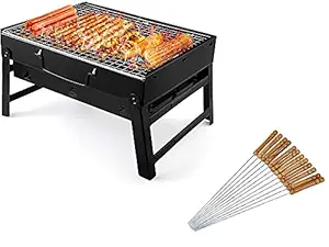 BVB mart Foldable Portable Carbon Steel Charcoal Barbeque and Tandoor Grill Stand | BBQ for Outdoor Picnic, Camping and Traveling Tool with Big 10 - Sticks (Black)