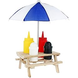 com-four® 6 pièces Table de Pique-Nique Haut de Gamme avec Parapluie - Distributeur de Sauce et Shaker à épices dans Un Support en Bois - Moutarde et Ketchup (06 pièces - Ensemble de burettes)