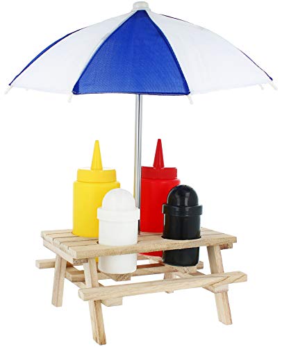 com-four® 6 pièces Table de Pique-Nique Haut de Gamme avec Parapluie - Distributeur de Sauce et Shaker à épices dans Un Support en Bois - Moutarde et Ketchup (06 pièces - Ensemble de burettes)