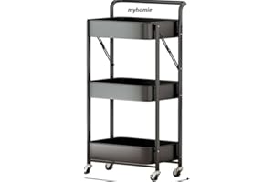 MY HOMIE 3-Tier Foldable Beauty Trolley Cart on Wheels - Heavy Duty Metal Storage Organizer for Salon, Kitchen, Bathroom, Hairdressing, Lash Extensions, Crafts & Home - Wheels, Rust-Proof-Black