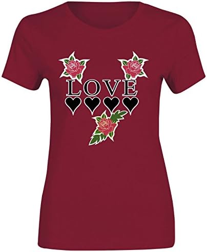 Northwest Exclusive Love Flower hearts Print T Shirt Womens Ladies Short Sleeve Cotton Top#(6584#Maroon T Shirt/Love Flower hearts Print/Print #5-6Year#Girls)