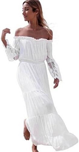 Sunday Women Dress Lace Strapless Beach Summer Long Sleeve Long Dress Dresses Beach Dresses Off Shoulder Ruched Loose (XL, White)