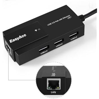 EasyAcc® Superspeed Usb 3.0 3 Port Hub with 1 Rj45 10/100/1000 Gigabit Ethernet LAN Wired Network Adapter for Mac,iMac,MacBook Pro Air,Ultrabooks,Laptops,Raspberry Pi,Tablet PCS with USB Ports and Any PC,Black