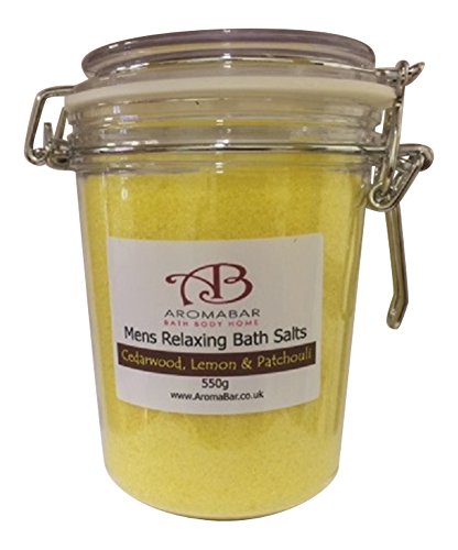 Mens Relaxing Bath Salts Soak 550g Gift Jar Epsom Salts and Dead Sea Salts Enriched with Cedarwood, Lemon & Patchouli 100% Natural Packed with minerals