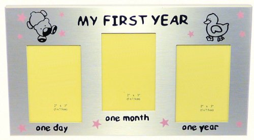 My First Year Photo Frame (Pink Stars) - Baby Girl's First Birthday Or Christening Gift - Holds 3 photos