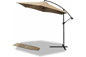 VOUNOT 3m Cantilever Garden Parasol, Banana Patio Umbrella with Crank Handle and Tilt for Outdoor Sun Shade, Khaki, 4397990510615