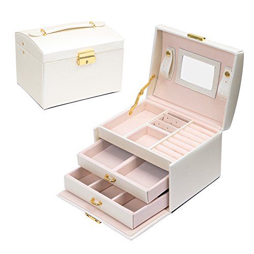 LEMAIJIAJU Jewellery Box, Jewellery Oganiser, Three Layers PU Leather Jewelry Storage Box with Mirror and Lock, for Girls and Women,White