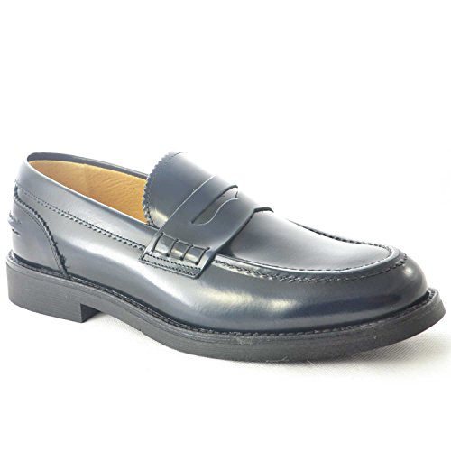 Scarpe Uomo Mocassini Inglese College Vera Pelle Blu con bendina Made in Italy Fondo Classico Sportivo Genuine Leather (42 EU)
