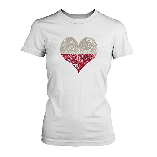 EM 2016 I Love Poland – Damen T-Shirt von Fashionalarm | Shirt für Fußball Fans | Print im Vintage Destroyed Used Look | Europameisterschaft Europameister Trikot Herz Polen, Farbe:weiß;Größe:3XL