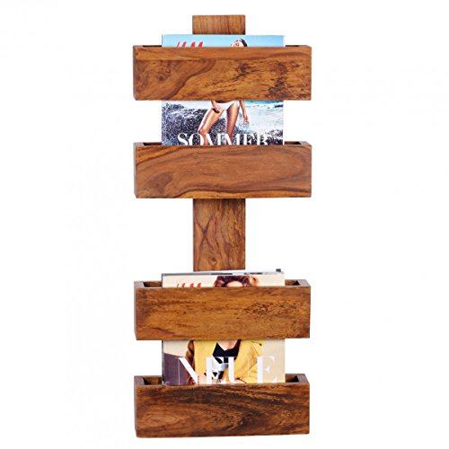 FineBuy Zeitungsständer Massivholz Sheesham 2 Ablagefächer Zeitschriften-Ständer Design Prospekt-Halter Landhaus-Stil Holz-Regal Natur-Produkt Wohnzimmer-Regal Buch-Ablage Echtholz Wandregal Unikat - 3