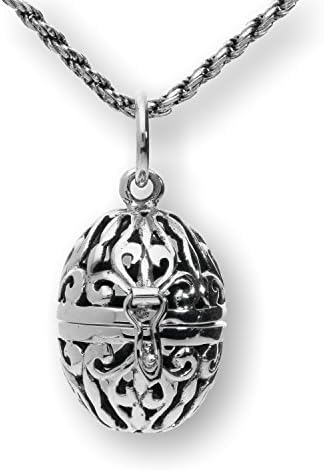 PearlinaSterling Silver Filigree Necklace Aromatherapy Egg Locket Prayer Holder Pill Box, 20"
