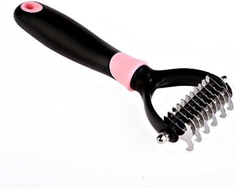 Profession Pet Dematting Grooming Tools 2 Sided Undercoat Rake Comb Easy Mats &amp; Tangles Removing for Cats &amp; Dogs,11 Teeth Wide (Pink)