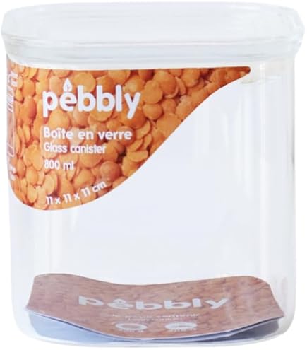 Pebbly - Set van 3 vierkante hoge glazen dozen met deksel van bamboe - 800 ml - Stapelbaar voor het bewaren van droge levensmiddelen, muesli, amandelen enz