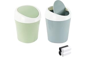 QLFJ-FurDec 2PCS Plastic Mini Wastebasket Bathroom Bins with Swing Lid and 4 Rolls Bin Liners, Desk Compact Design Cosmetic Bin for Home, Office, Vanity Tabletop, Bedroom, 10.5x10.5x16.5cm(Green,Blue)