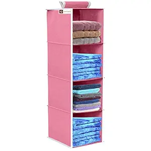 Unicrafts Hanging Organizer Engineered Wood 4 Shelves Non-Woven Foldable | Universal Fit Closet Organizer |Shoes Storage Hanger for Bedroom Combo Pack of 1 Pc Pink
