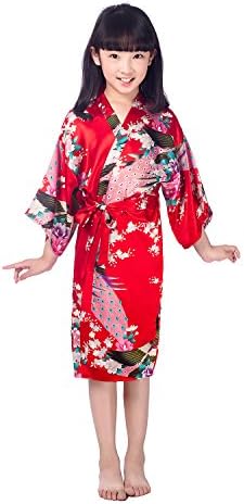 Vogue Forefront Girls' Peacock&amp;Flower Print Satin Kimono Robe Dressing Gown, Size 8, Red