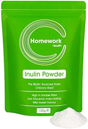 Homework Health Inulin Powder Fructooligosaccharides (FOS) Pre Biotic Soluble Fibre Sourced From Chicory Root Comes In Re Sealable Stand Up Pouch (100g)