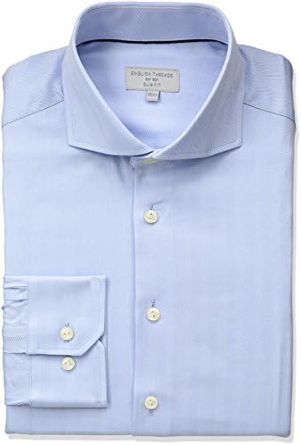 English Threads Men's Slim Fit Herringbone Dress Shirt, Blue, 16.5" Neck 36-37" Sleeve