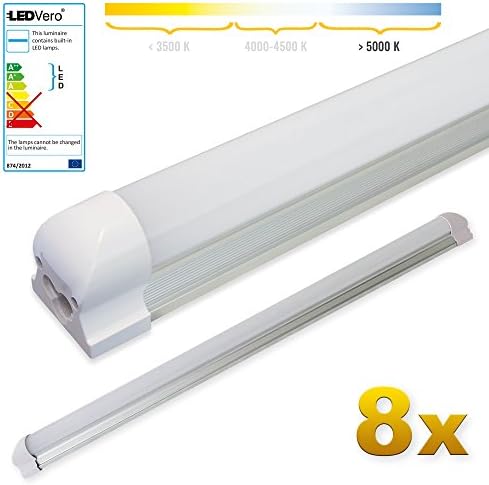 LEDVero 8x SMD LED tube with fixture fluorescent tube in cold white T8 G13 frosted cover - (35.43') 90 cm, 14W, 1400 lm - ready for assembly