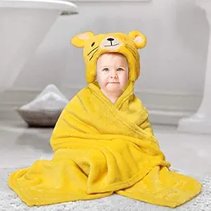 KASSY POP Plush Organic Microfiber Fleece Soft and Absorbing Animal Hooded Baby Bath Towels with Blanket (Yellow, 30x40-inch, 0-2 Yrs)