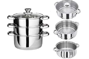 ELITO HOME & GARDEN New 3 Tier Stainless Steel Kitchen Steamer Cooker Veg Food Pan Pot Glass Lid Set (22CM 3 Tier Steamer)