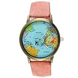 Fashion Frauen Herren Vintage Earth Weltkarte Armbanduhr Denim Stoff Handgelenk Uhren Pink
