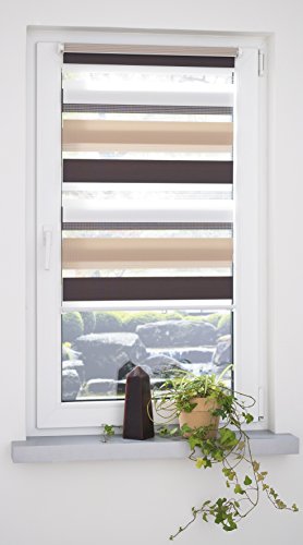 Liedeco® DUO Rollo Klemmfix - 60 x 160 cm braun/beige/weiß (Breite x Höhe) / 3 farbig / transparent lichtdurchlässig blickdicht und stufenlos verstellbar / leichte Innen-Montage ohne Bohren mit Klemmträger / 123 montiert / Doppelrollo farbig zum Klemmen fürs Fenster in vielen Farben und Größen