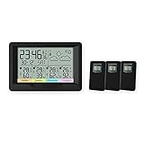 Modellname: 4 Teiliges Set | Wetterstation mit 3 Funk-Außensensoren | von TÜV geprüft Funkmessgerät /- Wireless-Messgerät: mit 3 x Außensensoren (IP44) | Funk Übertragung | DCF-Signal | Datumsanzeige+ Alarm+ Wecker | Innen/-Außentemperatur (Thermometer) | Luftfeuchtigkeitsanzeige (Hygrometer) | Piktogramm| Barometer | Schlummer-Funktion | 12/24-Stundenanzeige |