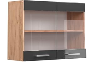 Vicco Armario de Cocina con Vidrio R-Line, Antracita Alto Brillo/Roble Dorado, 80 cm